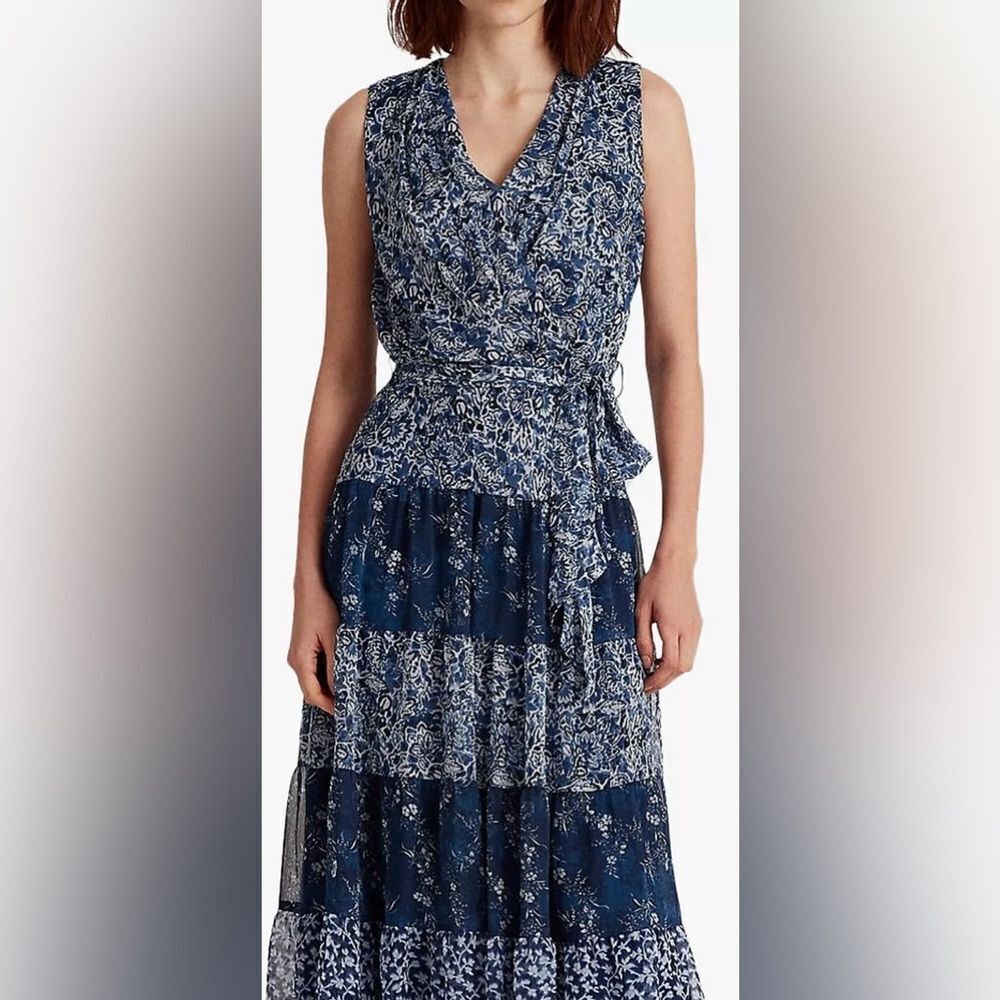 Plus size women’s Lauren Ralph Lauren Adnan Floral Maxi Dress Blue 18 tiered - Picture 14 of 14